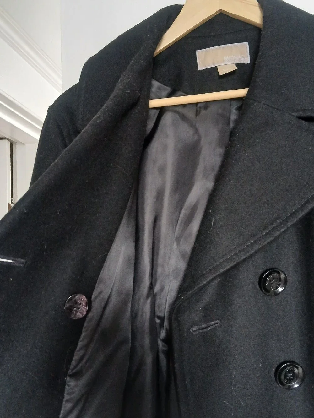 Women's MICHAEL Michael Kors Black Double-Breasted Peacoat Wool Blend XL